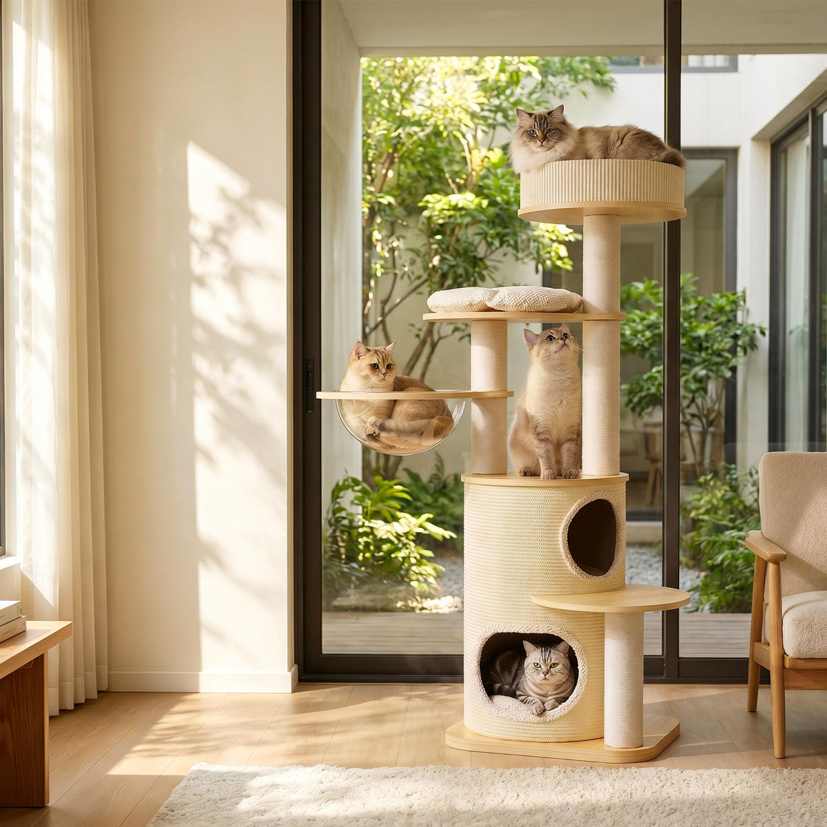 OFA03 Large Cat Tree for Indoor Cats, Multi-Level Wooden Cat Tower with Scratching Posts, Cat Condo & Cozy Cat House for Multiple Cats