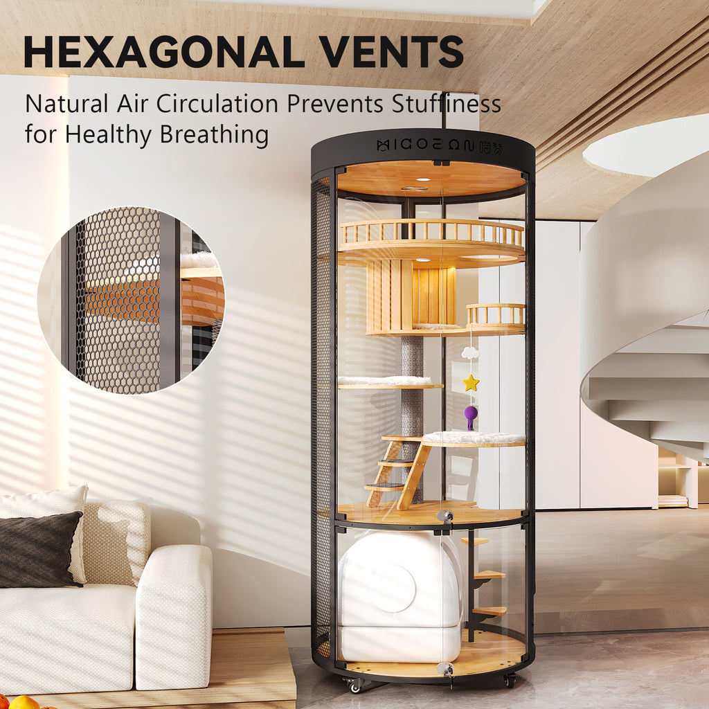 Large Cat Villa, 360° Full-View Cat Cage with Tempered Glass, Smart Ventilation & Heavy-Duty Carbon Steel Frame