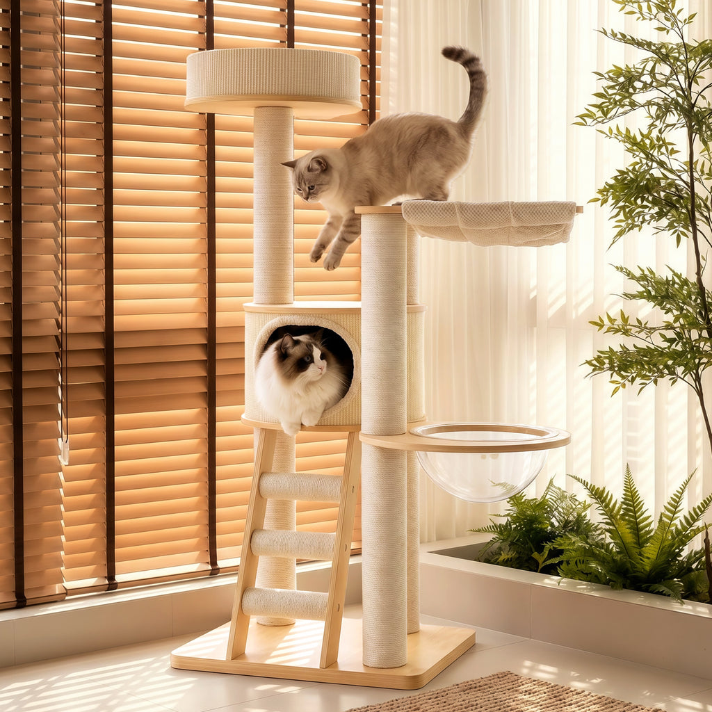 OFW03 Modern Multi-Level Cat Tree with Cozy Cat House, Hammock & Scratching Posts