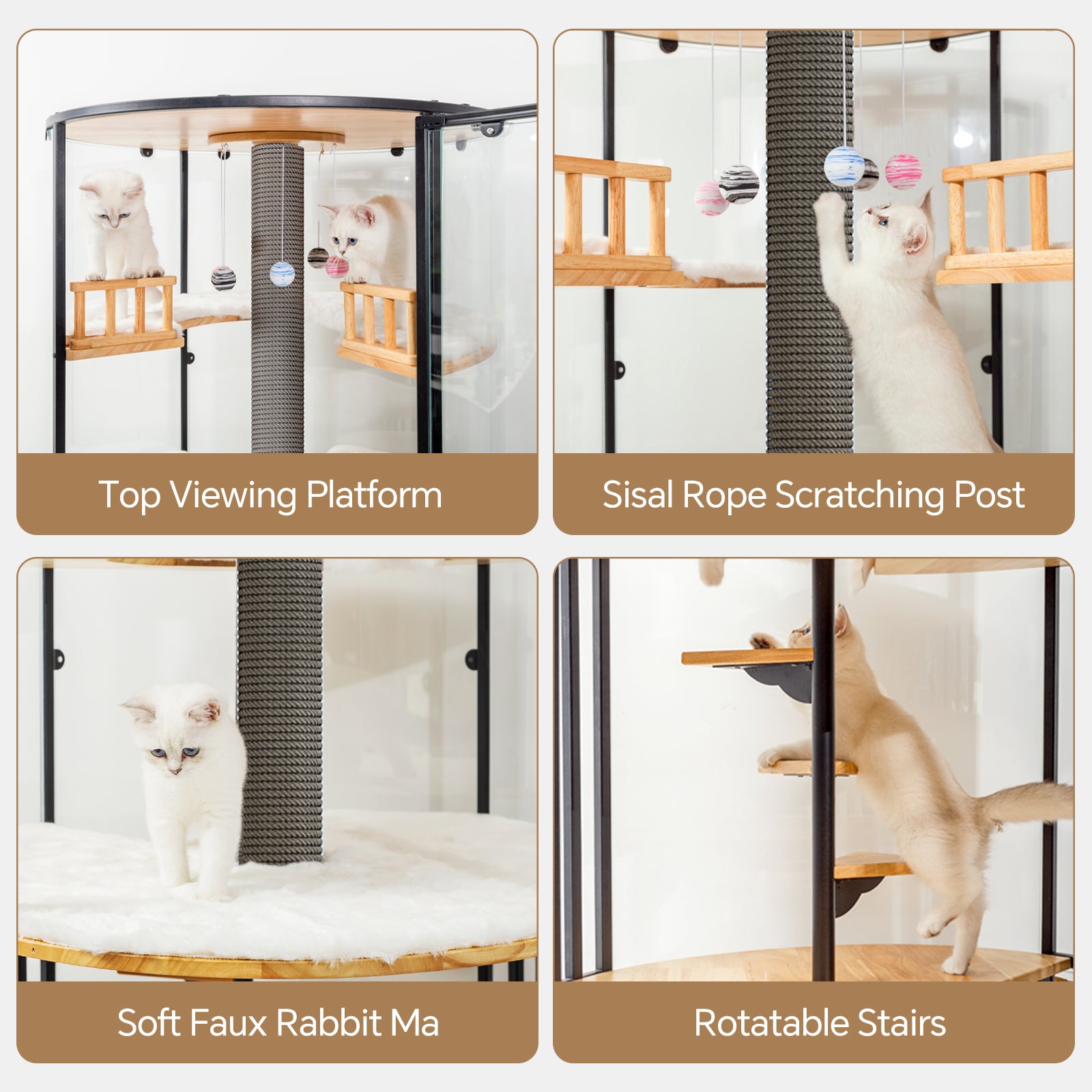 Large Cat Villa 73.7" Tall, 360° Panoramic Glass Cat Enclosure with Multi-Level Platforms, Scratching Post, Rotating Stairs—Indoor Cat Habitat for Large Cats