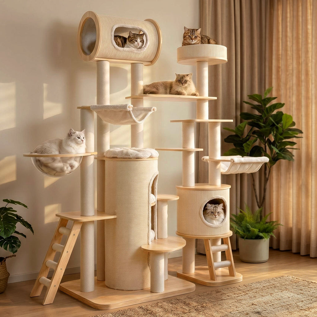 OFA07 Large Cat Tree for Indoor Cats, Multi-Level Wooden Cat Tower with Scratching Posts, Cat Condo & Cozy Cat House for Multiple Cats
