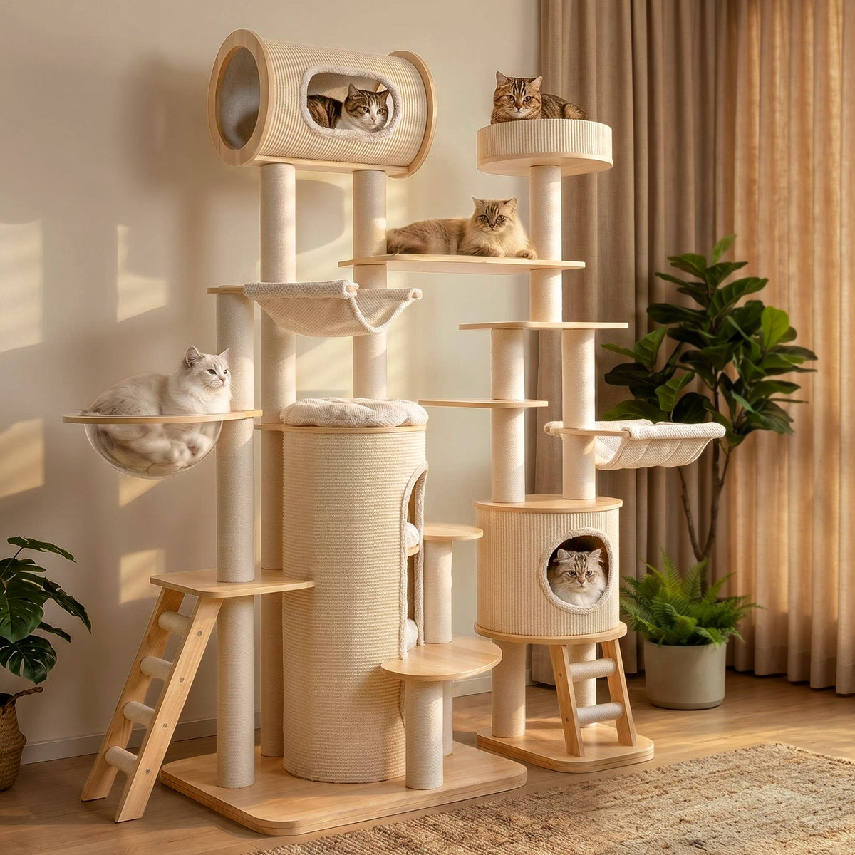 OFA07 Large Cat Tree for Indoor Cats, Multi-Level Wooden Cat Tower with Scratching Posts, Cat Condo & Cozy Cat House for Multiple Cats