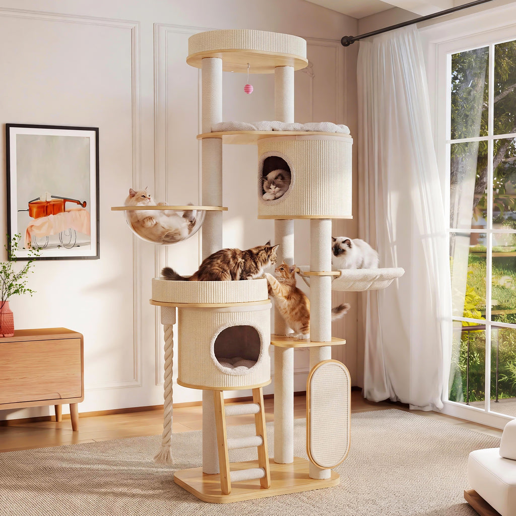 OFA05 Large Cat Tree for Indoor Cats, Multi-Level Wooden Cat Tower with Scratching Posts, Cat Condo & Cozy Cat House for Multiple Cats