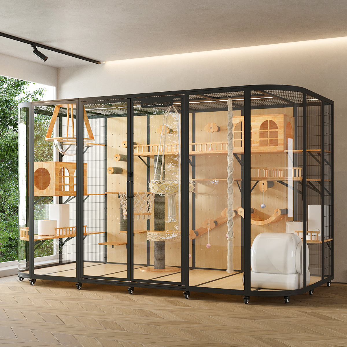 Extra Large Cat Villa, Luxury Indoor Cat House with Panoramic Tempered Glass, Spacious Cat Enclosure for Indoor Cats, Large Cat Cage Furniture, Modern Cat Mansion