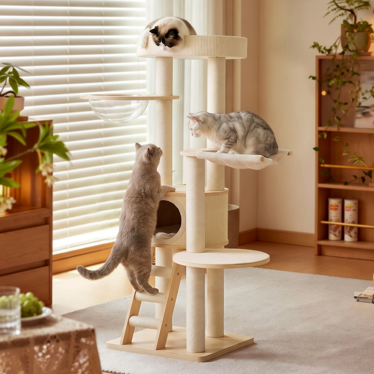OFW02 Modern Multi-Level Cat Tree with Cozy Cat House, Hammock & Scratching Posts