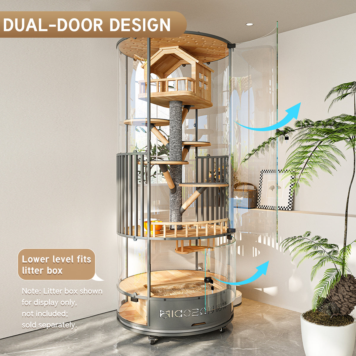 Premium 360° Transparent Glass Cat Condo – Multi-Level Luxury Cat Tower with Double-Door Design