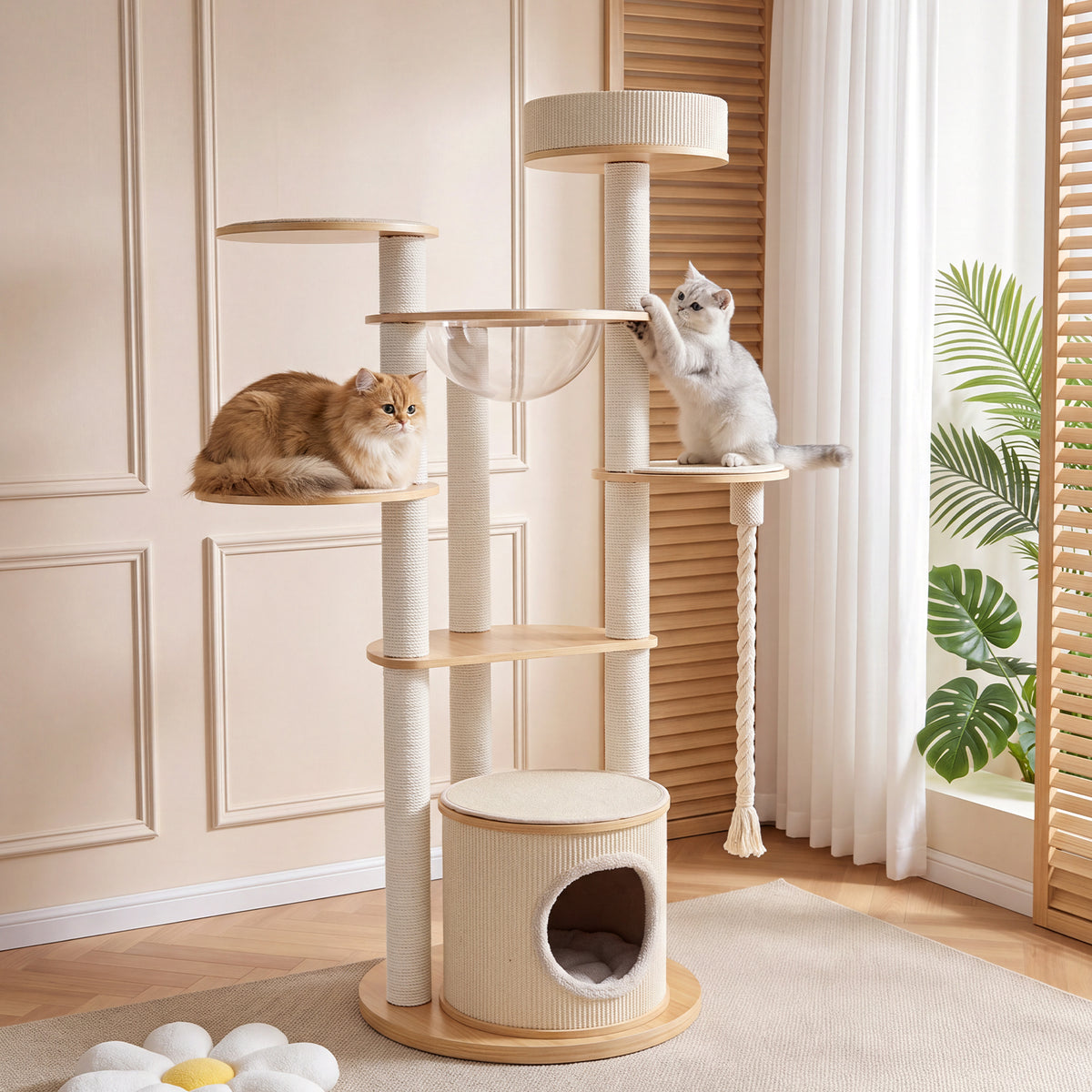 OFW01 Modern Multi-Level Cat Tree with Cozy Cat House, Hammock & Scratching Posts