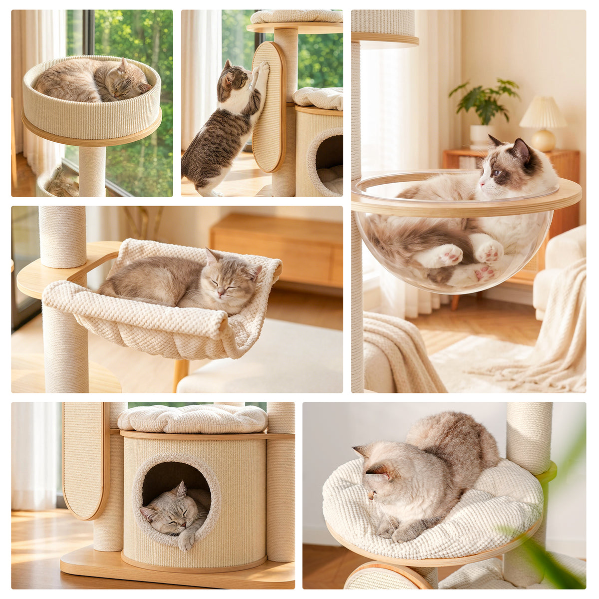 OFA01 Large Cat Tree for Indoor Cats, Multi-Level Wooden Cat Tower with Scratching Posts, Cat Condo & Cozy Cat House for Multiple Cats