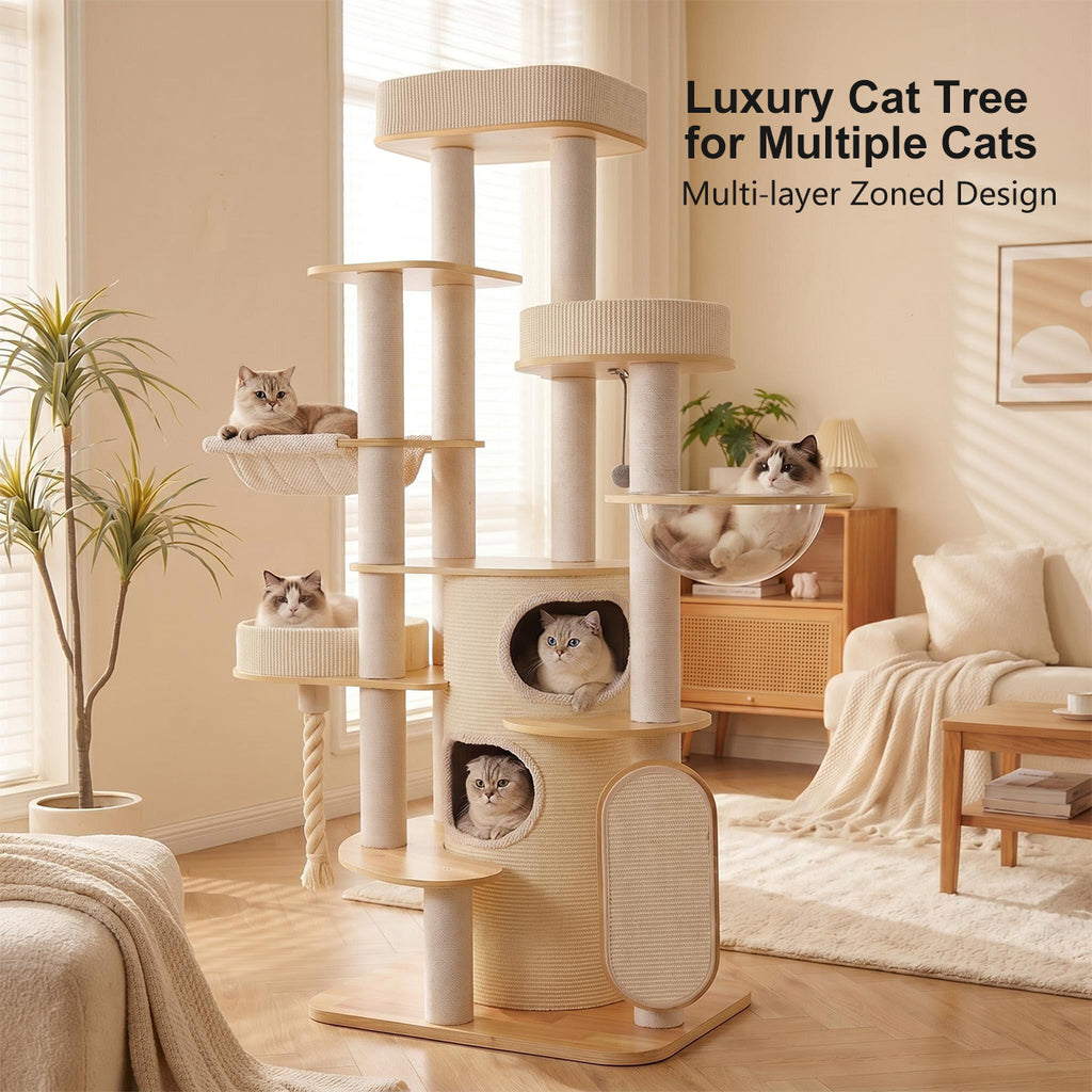 OFA06 Modern Multi-Level Cat Tree with Cozy Cat House, Hammock & Scratching Posts
