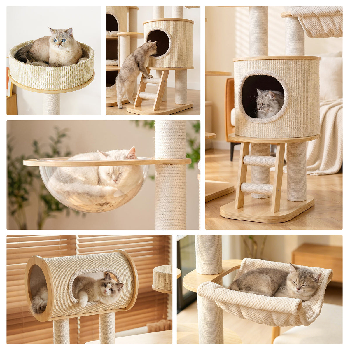 OFA07 Large Cat Tree for Indoor Cats, Multi-Level Wooden Cat Tower with Scratching Posts, Cat Condo & Cozy Cat House for Multiple Cats
