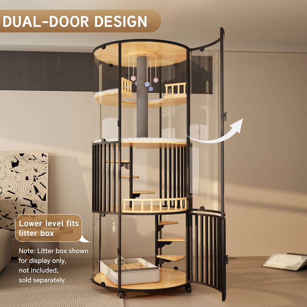 Large Cat Villa 73.7" Tall, 360° Panoramic Glass Cat Enclosure with Multi-Level Platforms, Scratching Post, Rotating Stairs—Indoor Cat Habitat for Large Cats