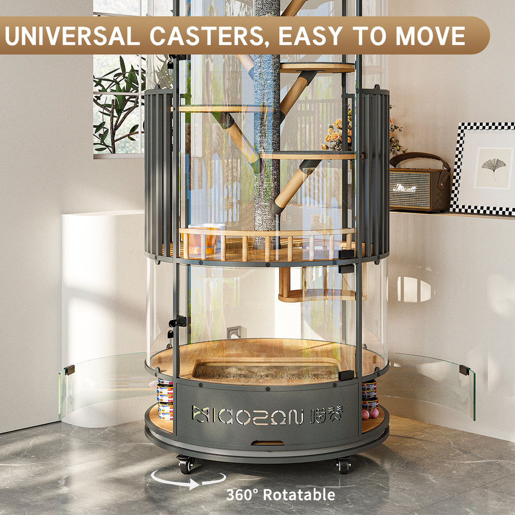 Premium 360° Transparent Glass Cat Condo – Multi-Level Luxury Cat Tower with Double-Door Design