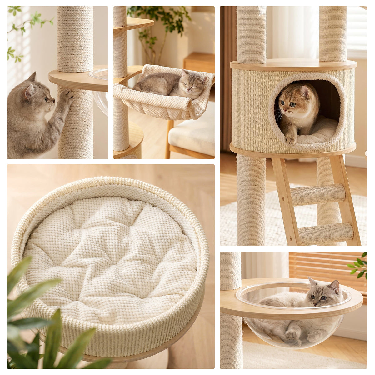 OFW03 Modern Multi-Level Cat Tree with Cozy Cat House, Hammock & Scratching Posts