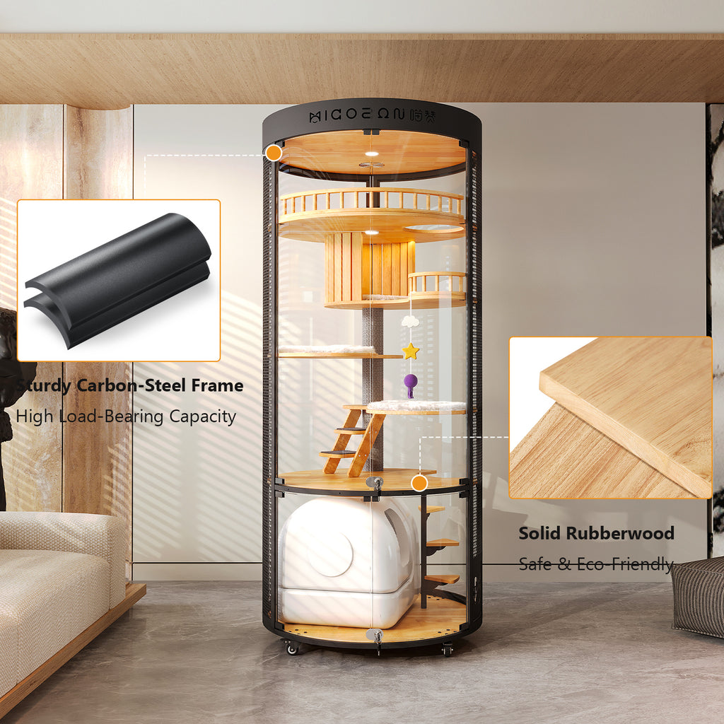 Large Cat Villa, 360° Full-View Cat Cage with Tempered Glass, Smart Ventilation & Heavy-Duty Carbon Steel Frame