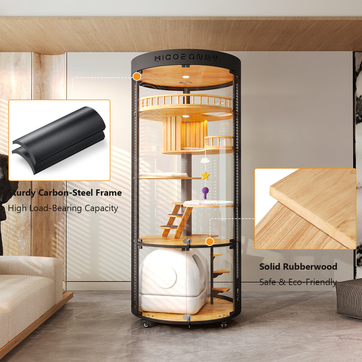 Large Cat Villa, 360° Full-View Cat Cage with Tempered Glass, Smart Ventilation & Heavy-Duty Carbon Steel Frame