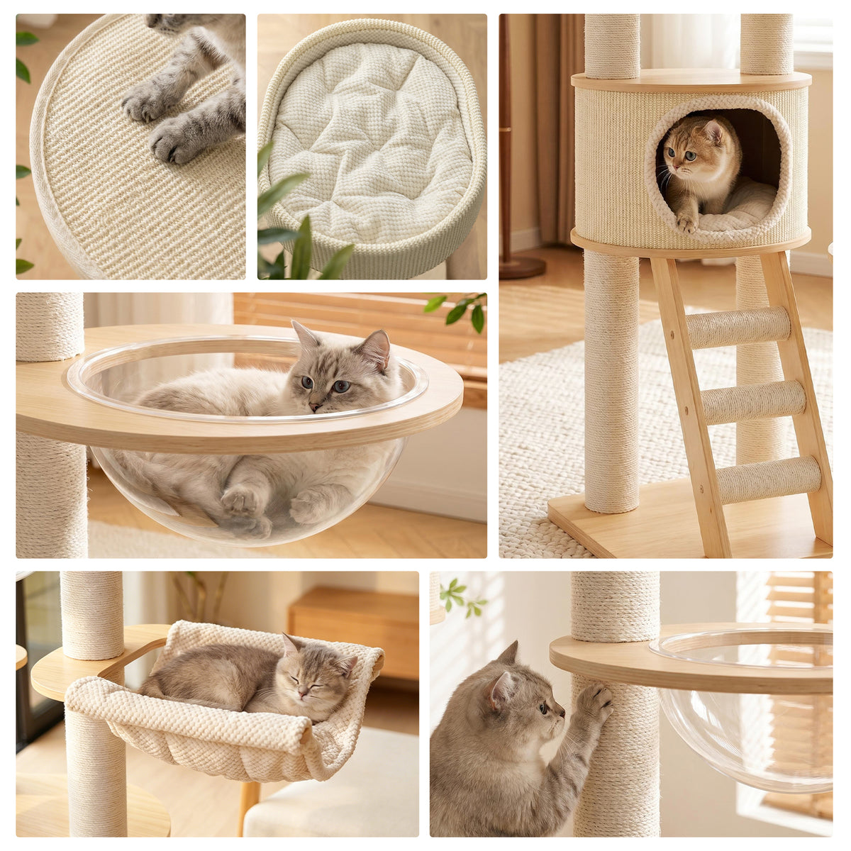 OFW02 Modern Multi-Level Cat Tree with Cozy Cat House, Hammock & Scratching Posts