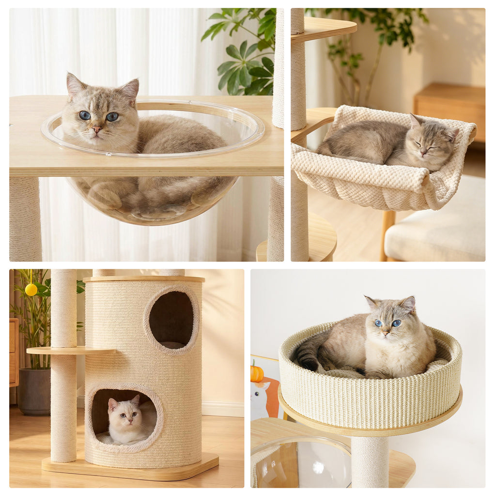 OFA04 Large Cat Tree for Indoor Cats, Multi-Level Wooden Cat Tower with Scratching Posts, Cat Condo & Cozy Cat House for Multiple Cats