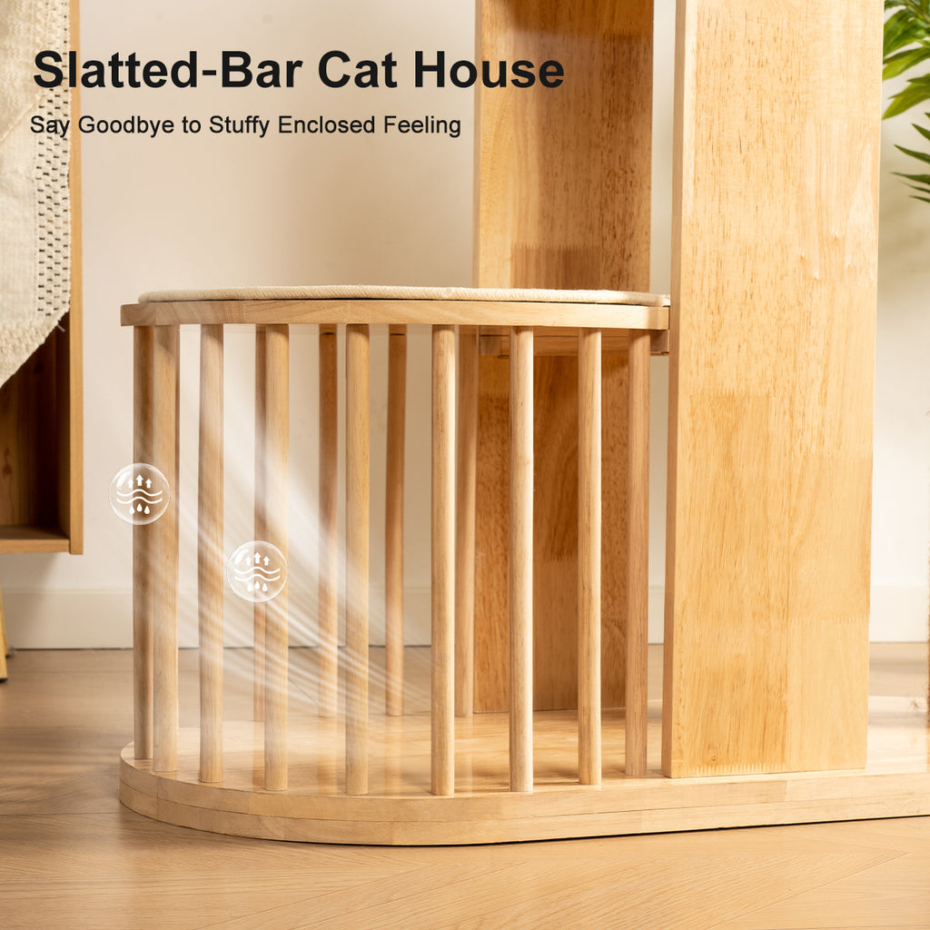 Large Solid Wood Cat Tree for Multiple Cats – Space-Saving Vertical Cat Tower with Scratching Posts & Hammock