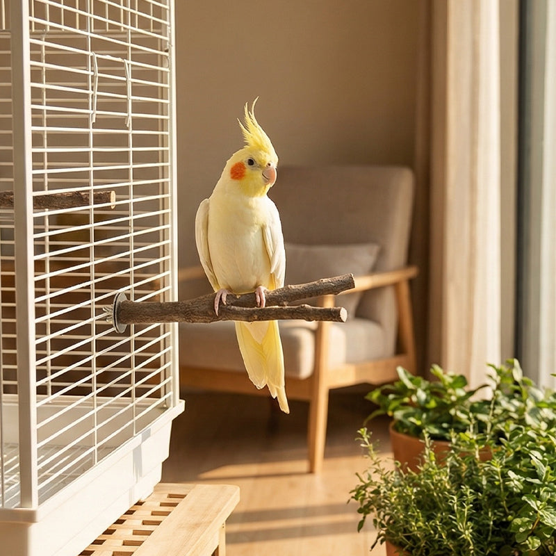 Natural Apple Wood Bird Perch for Parrots, Budgies & Cockatiels – Wooden Bird Cage Stand with Secure Double-Sided Mounting