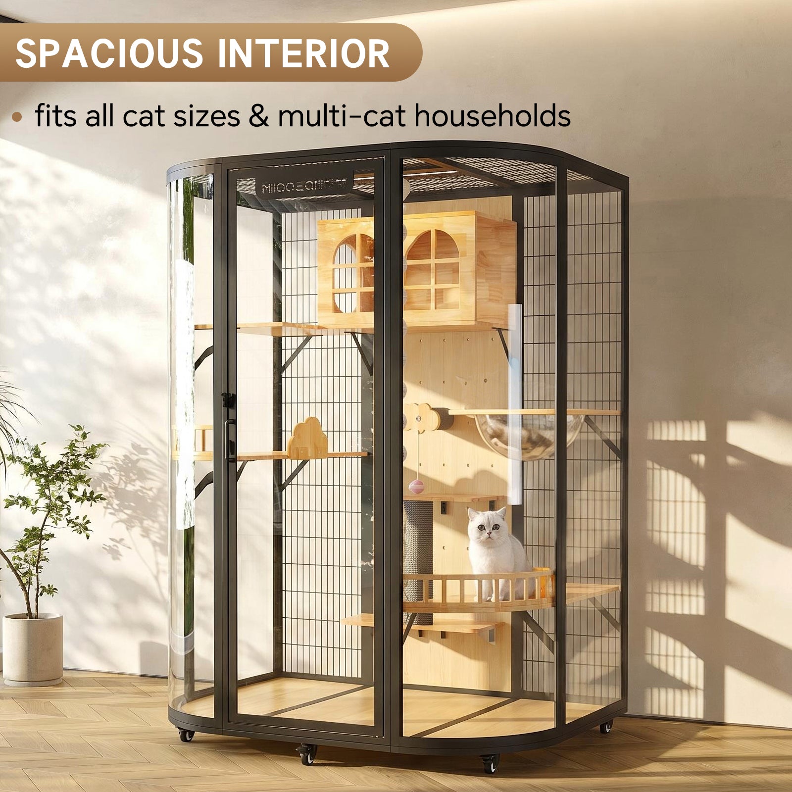 Large Cat Enclosure Indoor with LED Light | 74.8" Tall Glass Cat Condo | 360° Rotatable Cat Villa with Multi-Level Platforms for Multiple Cats