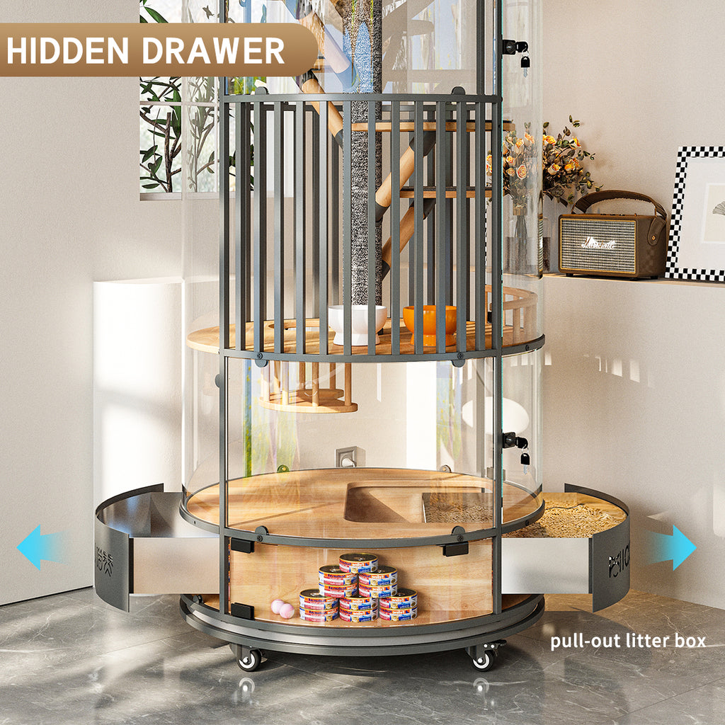 Premium 360° Transparent Glass Cat Condo – Multi-Level Luxury Cat Tower with Double-Door Design