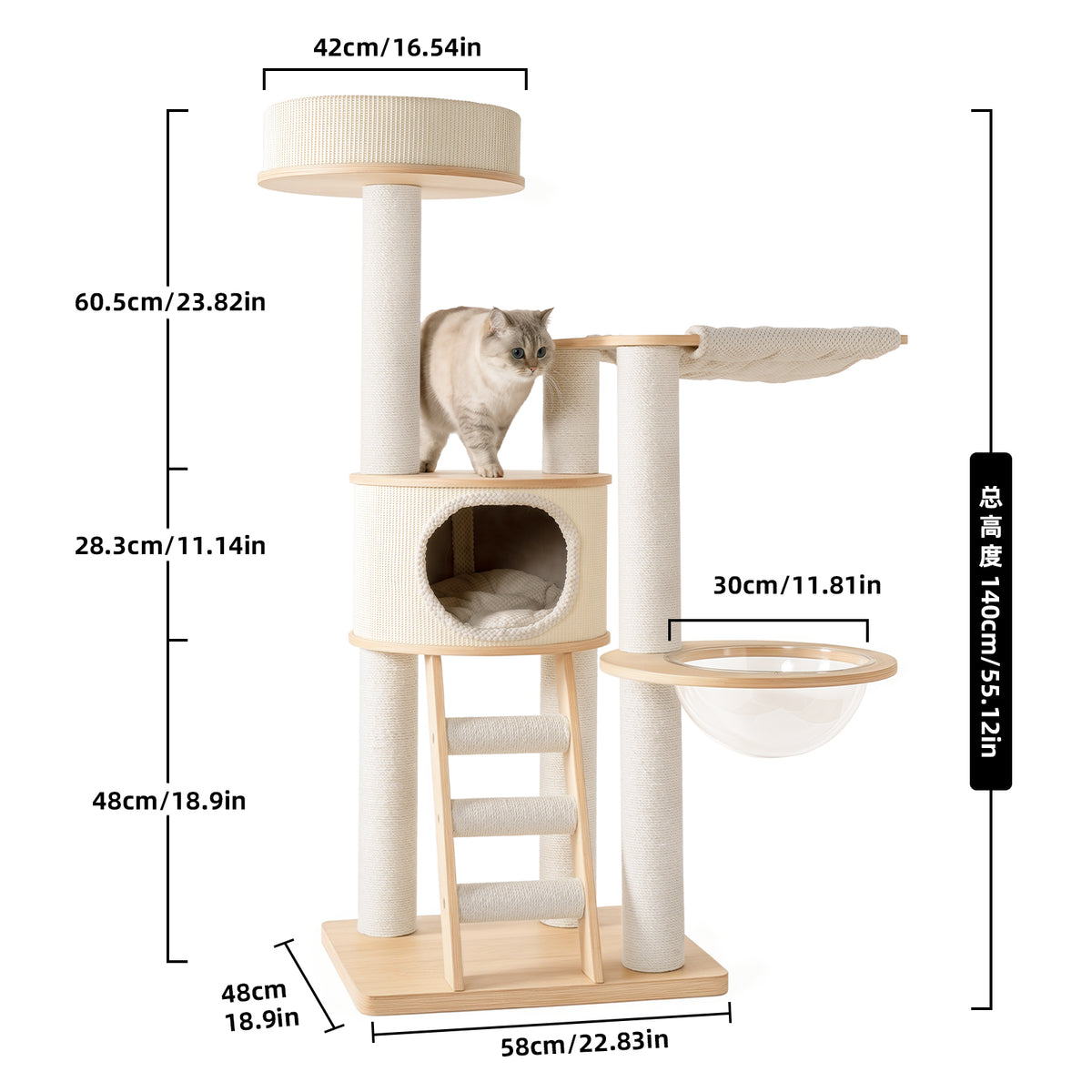 OFW03 Modern Multi-Level Cat Tree with Cozy Cat House, Hammock & Scratching Posts