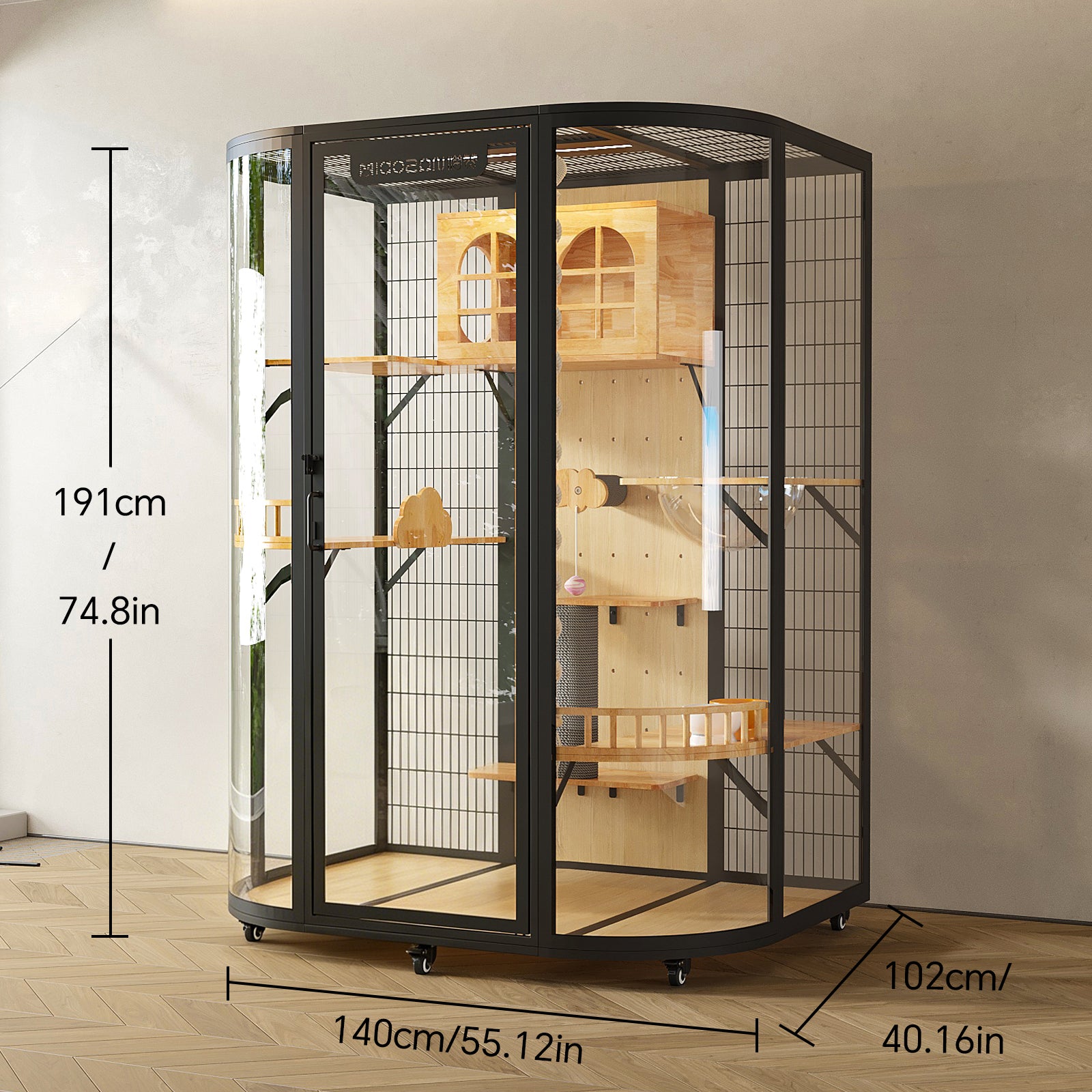 Large Cat Enclosure Indoor with LED Light | 74.8" Tall Glass Cat Condo | 360° Rotatable Cat Villa with Multi-Level Platforms for Multiple Cats
