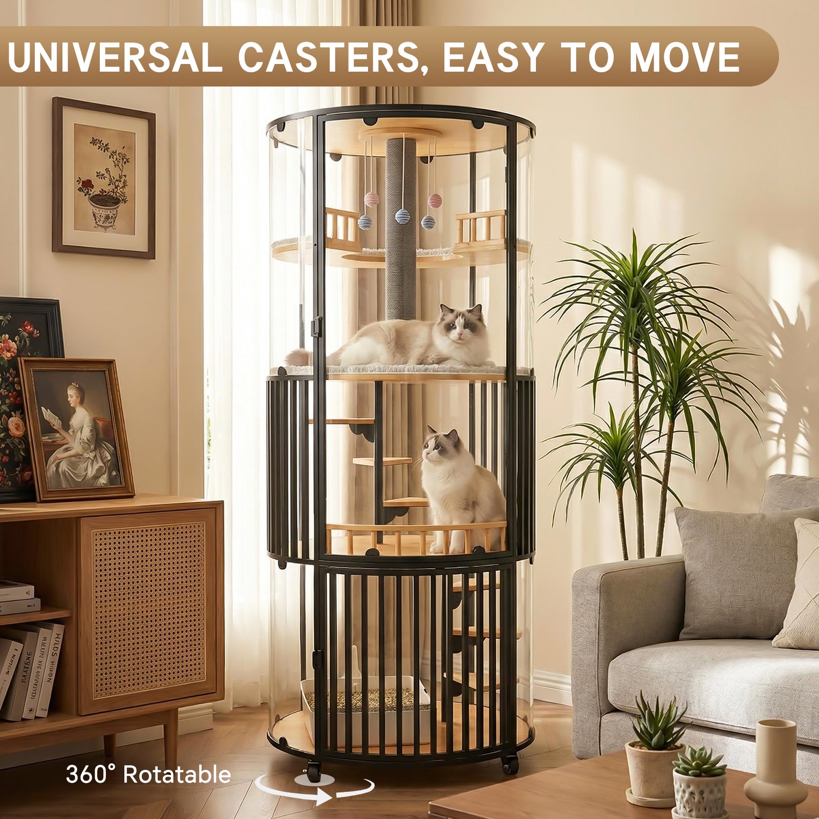 Large Cat Villa 73.7" Tall, 360° Panoramic Glass Cat Enclosure with Multi-Level Platforms, Scratching Post, Rotating Stairs—Indoor Cat Habitat for Large Cats