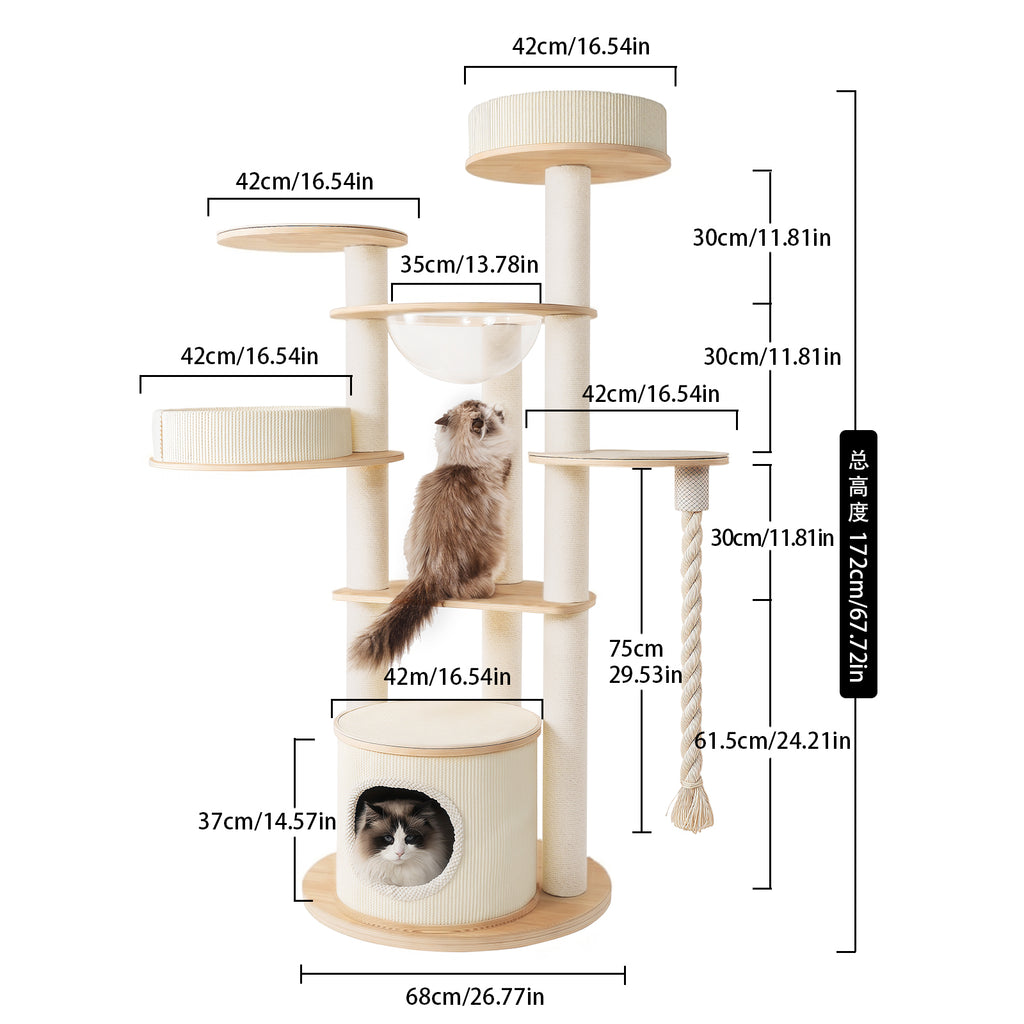 OFW01 Modern Multi-Level Cat Tree with Cozy Cat House, Hammock & Scratching Posts