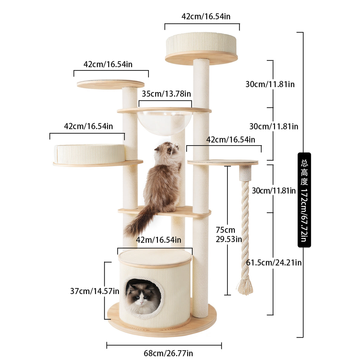 OFW01 Modern Multi-Level Cat Tree with Cozy Cat House, Hammock & Scratching Posts