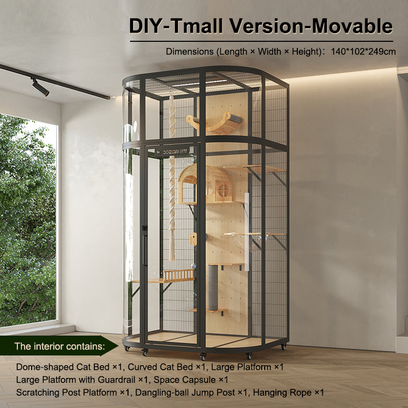 TIANMAO Luxury Panoramic Indoor Cat Villa – Large Cat Enclosure with Tempered Glass & Solid Wood