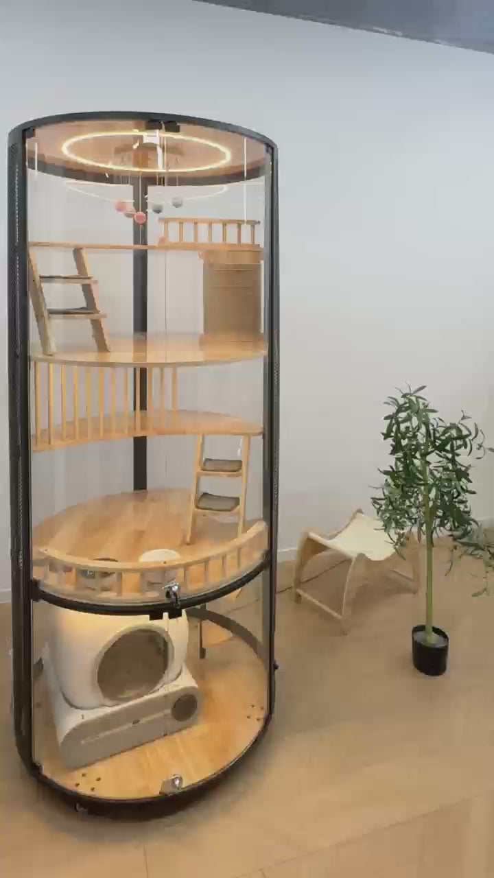 Large Cat Villa 73.7" Tall, 360° Panoramic Glass Cat Enclosure with Multi-Level Platforms, Scratching Post, Rotating Stairs—Indoor Cat Habitat for Large Cats